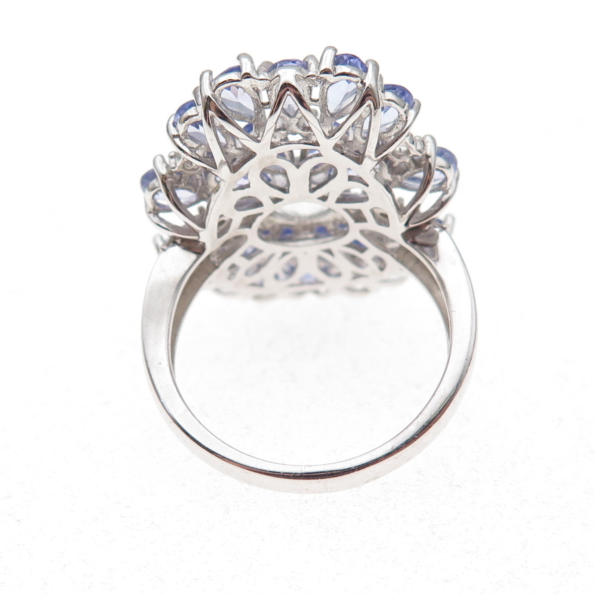 925 Sterling Silver Real Pear-Cut Tanzanite & Round-Cut White Topaz Ring Size 8