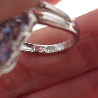 925 Sterling Silver Real Pear-Cut Tanzanite & Round-Cut White Topaz Ring Size 8