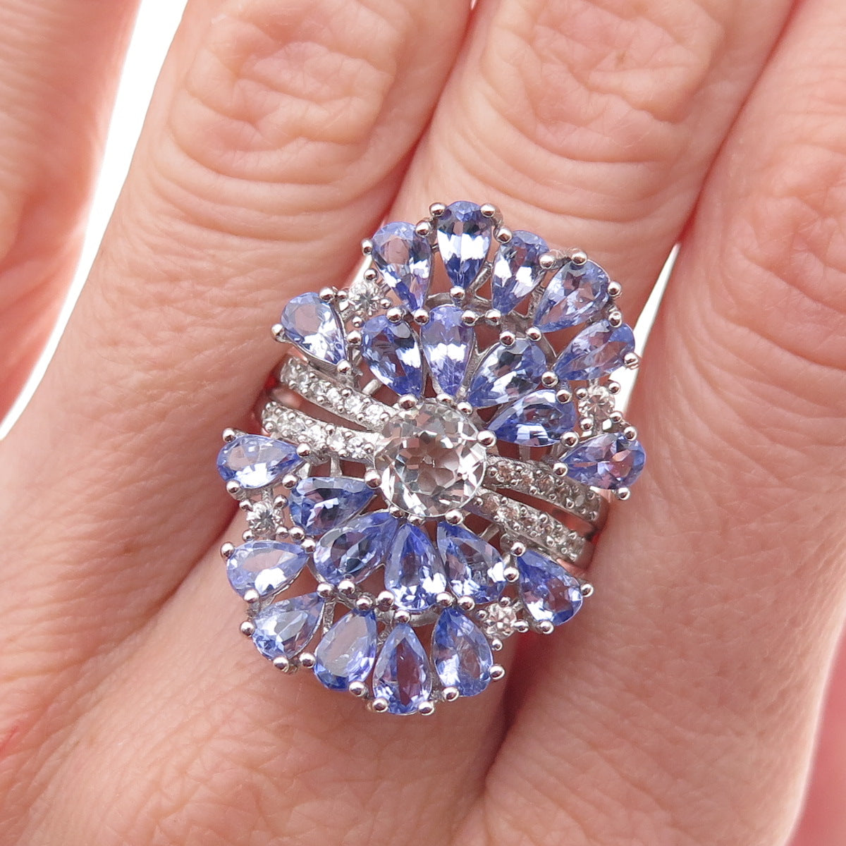 925 Sterling Silver Real Pear-Cut Tanzanite & Round-Cut White Topaz Ring Size 8