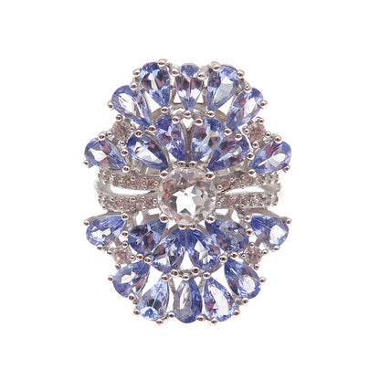925 Sterling Silver Real Pear-Cut Tanzanite & Round-Cut White Topaz Ring Size 8