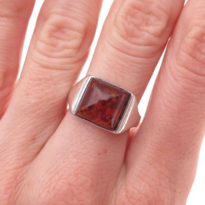 925 Sterling Silver Vintage Real Amber Oxidized Ring Size 7