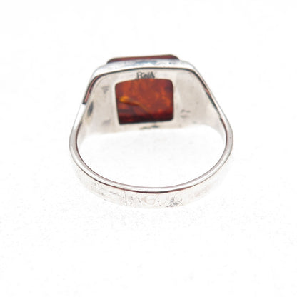 925 Sterling Silver Vintage Real Amber Oxidized Ring Size 7
