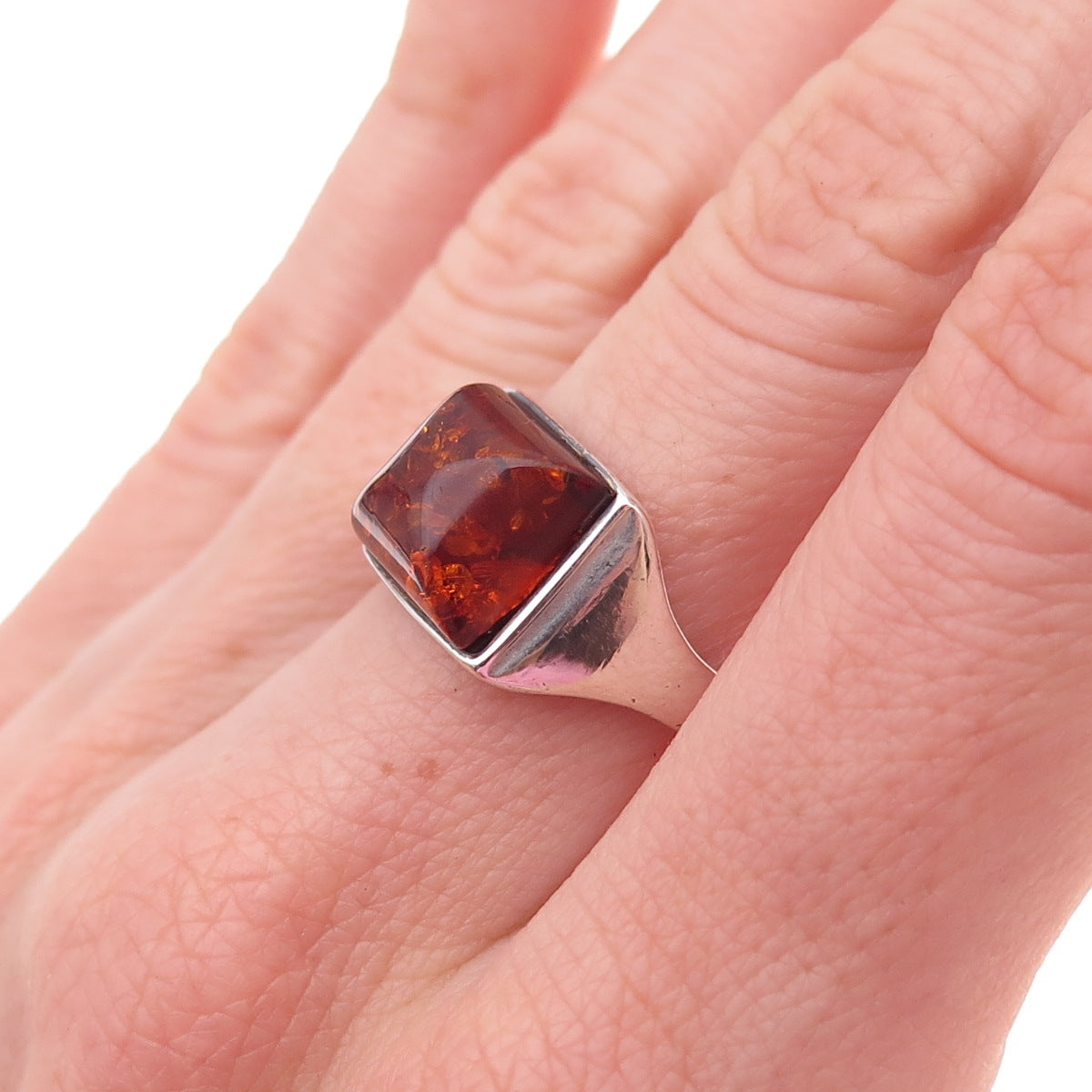 925 Sterling Silver Vintage Real Amber Oxidized Ring Size 7