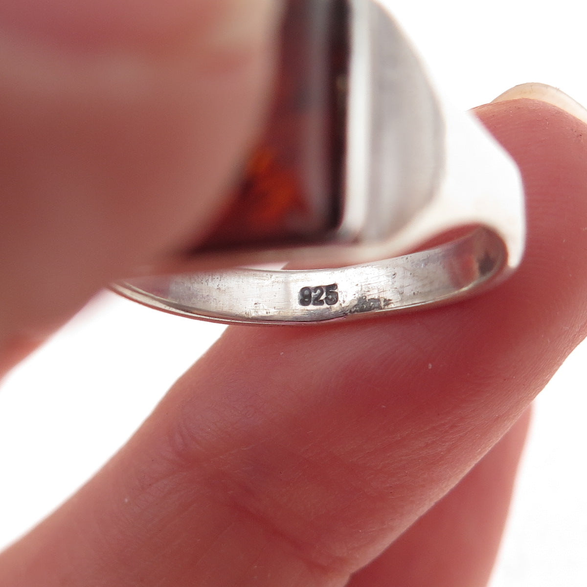 925 Sterling Silver Vintage Real Amber Oxidized Ring Size 7
