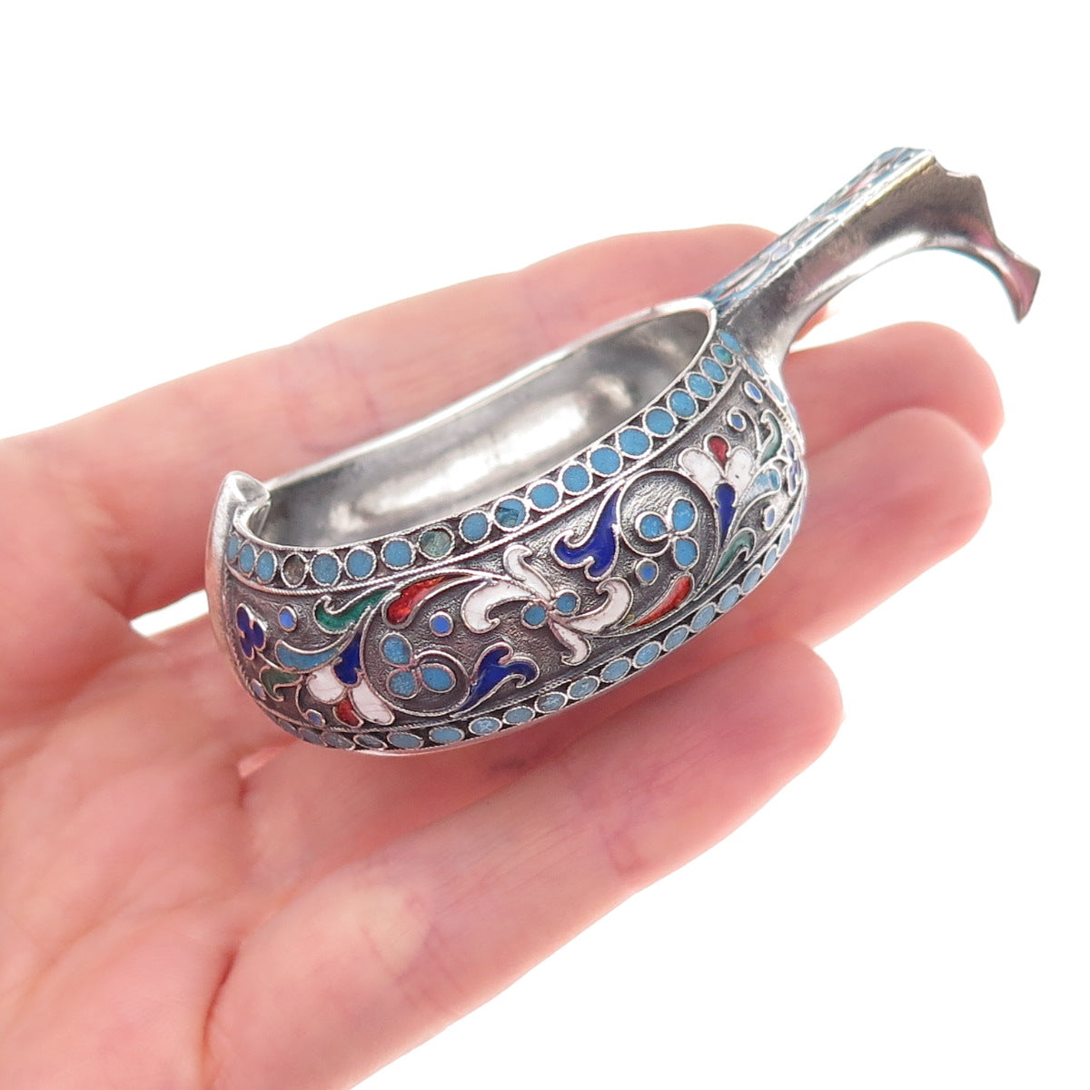 84 Silver Antique 1894 Cloisonne Enamel Floral Kovsh