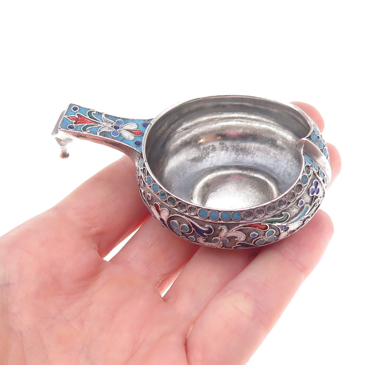 84 Silver Antique 1894 Cloisonne Enamel Floral Kovsh