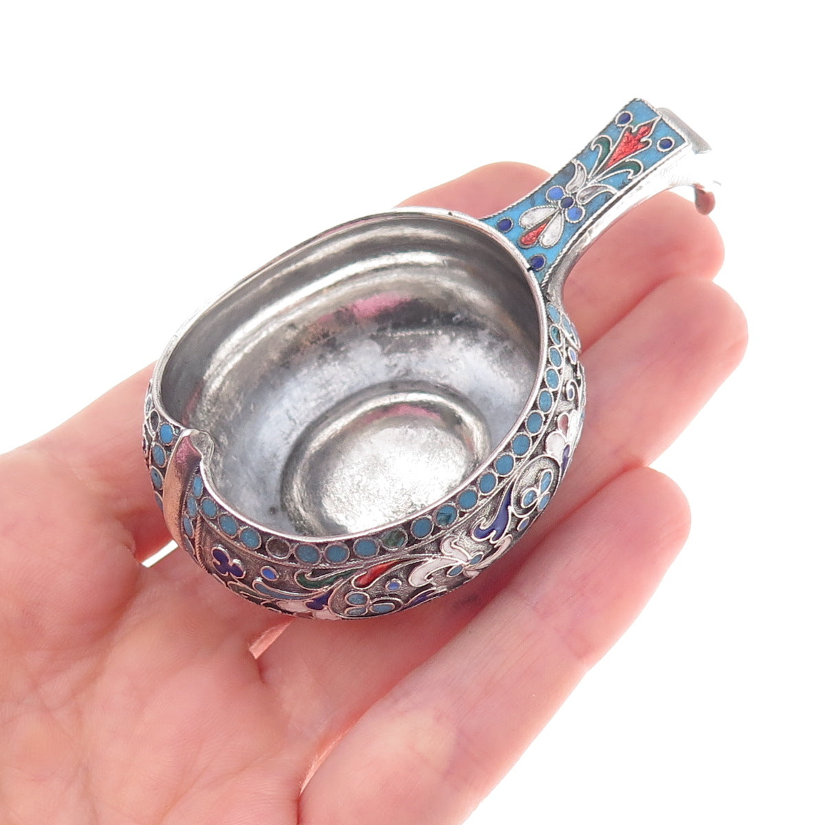 84 Silver Antique 1894 Cloisonne Enamel Floral Kovsh