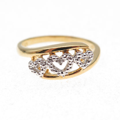 925 Sterling Silver Gold Plated Real Diamond Accent Triple Heart Ring Size 7.75