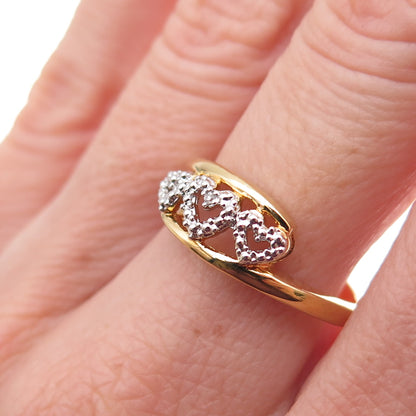 925 Sterling Silver Gold Plated Real Diamond Accent Triple Heart Ring Size 7.75