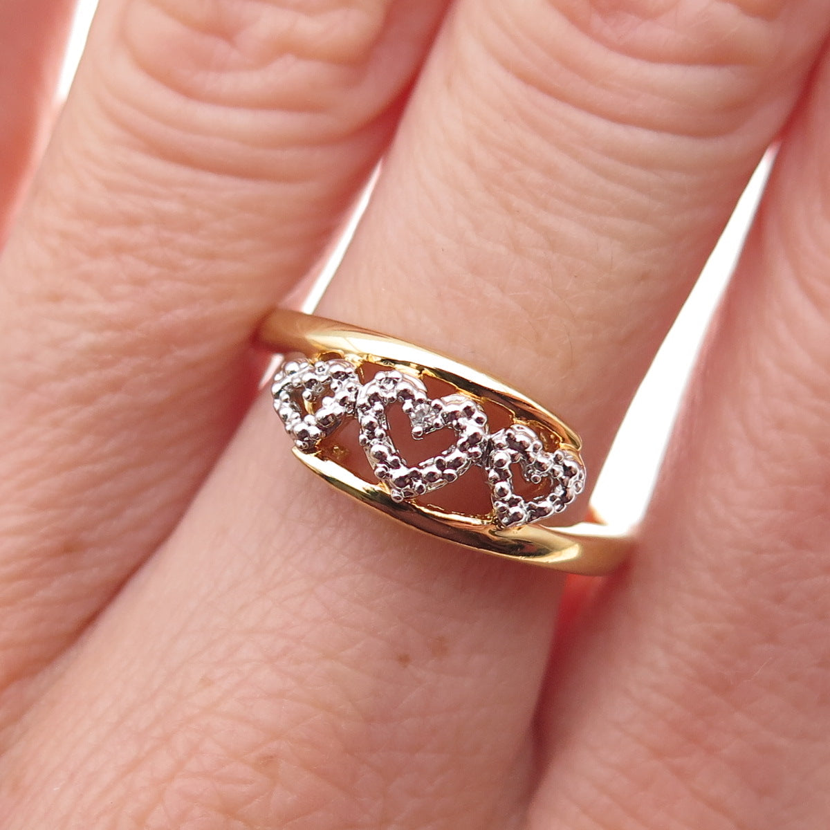 925 Sterling Silver Gold Plated Real Diamond Accent Triple Heart Ring Size 7.75