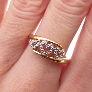 925 Sterling Silver Gold Plated Real Diamond Accent Triple Heart Ring Size 7.75