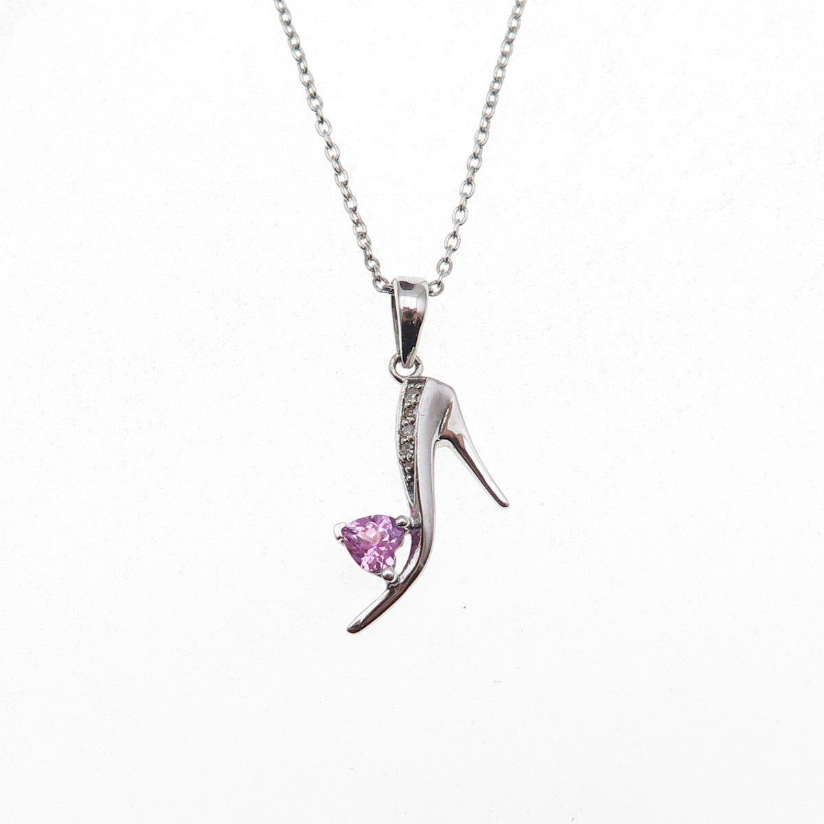 925 Sterling Silver Real Diamond & Pink Topaz Heart High-Heel Chain Necklace 18"