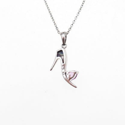 925 Sterling Silver Real Diamond & Pink Topaz Heart High-Heel Chain Necklace 18"