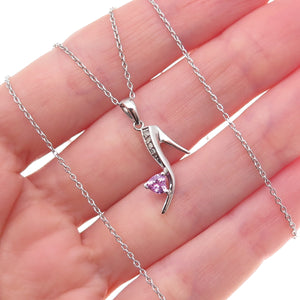 925 Sterling Silver Real Diamond & Pink Topaz Heart High-Heel Chain Necklace 18"