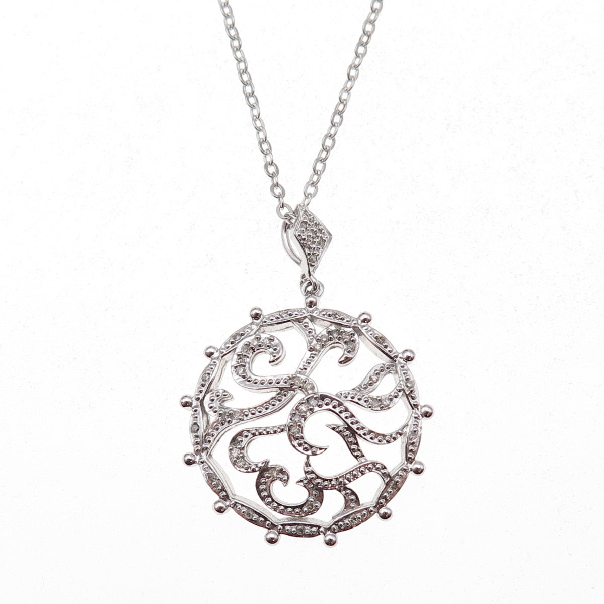 925 Sterling Silver Mexico Real Diamond Floral Scroll Cable Chain Necklace 18"