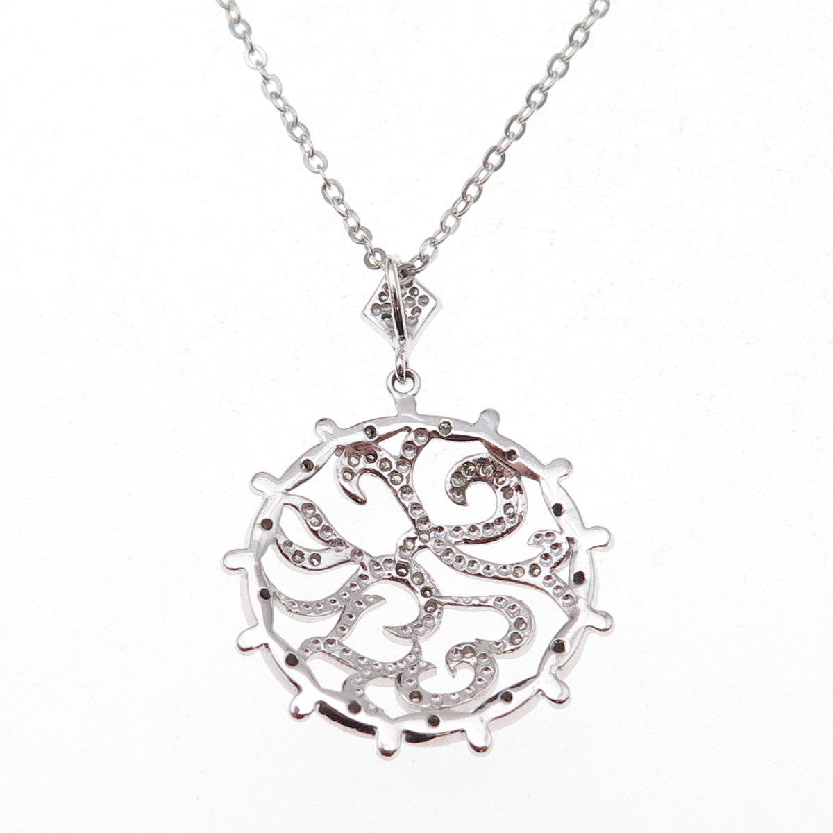 925 Sterling Silver Mexico Real Diamond Floral Scroll Cable Chain Necklace 18"