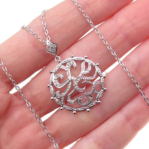 925 Sterling Silver Mexico Real Diamond Floral Scroll Cable Chain Necklace 18"