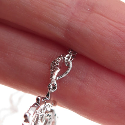 925 Sterling Silver Mexico Real Diamond Floral Scroll Cable Chain Necklace 18"