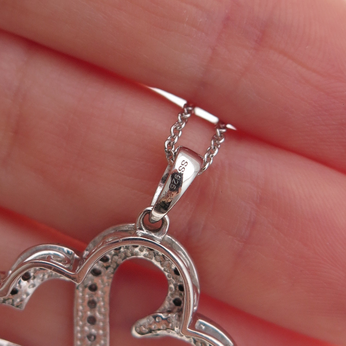 925 Sterling Silver Real Diamond Couple Heart Cable Chain Necklace 18"