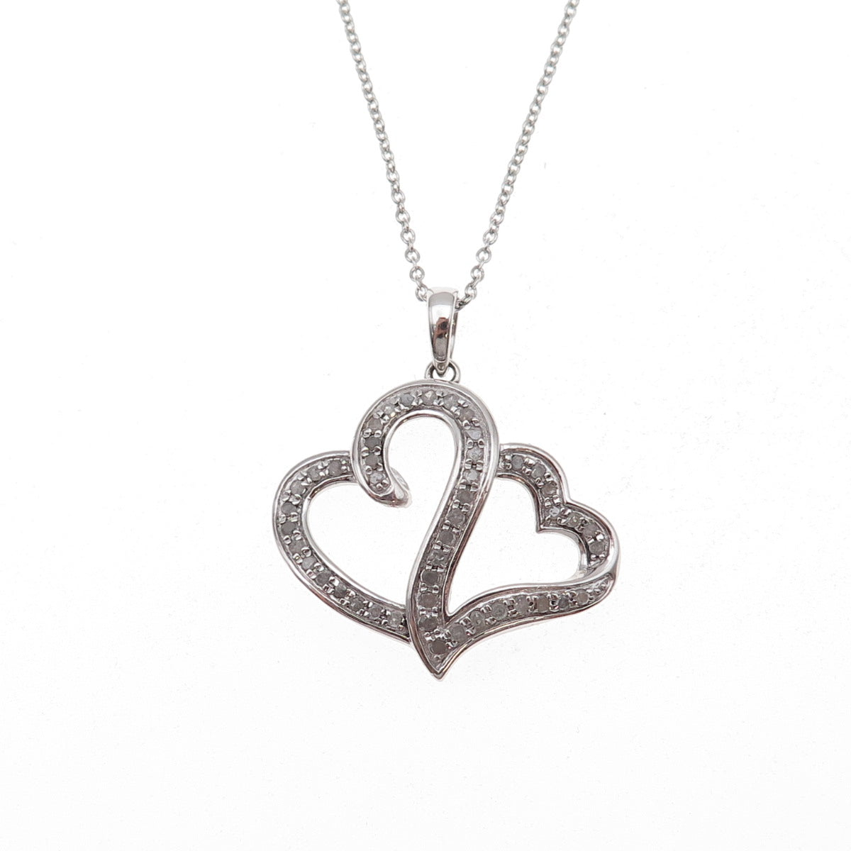 925 Sterling Silver Real Diamond Couple Heart Cable Chain Necklace 18"