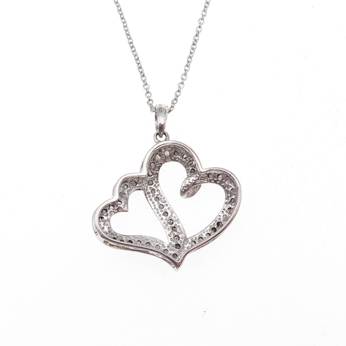 925 Sterling Silver Real Diamond Couple Heart Cable Chain Necklace 18"