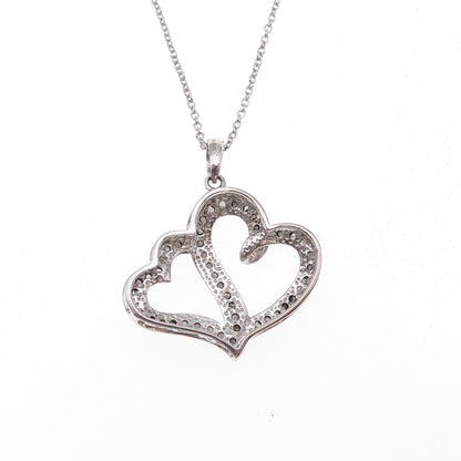 925 Sterling Silver Real Diamond Couple Heart Cable Chain Necklace 18"