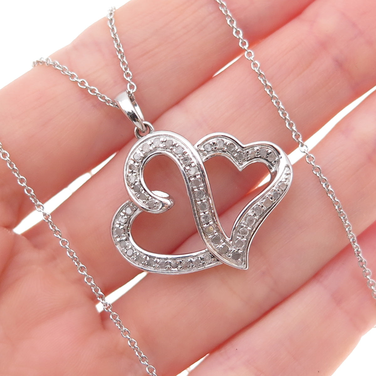 925 Sterling Silver Real Diamond Couple Heart Cable Chain Necklace 18"