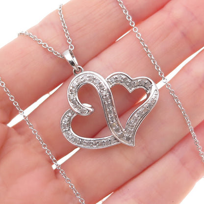 925 Sterling Silver Real Diamond Couple Heart Cable Chain Necklace 18"
