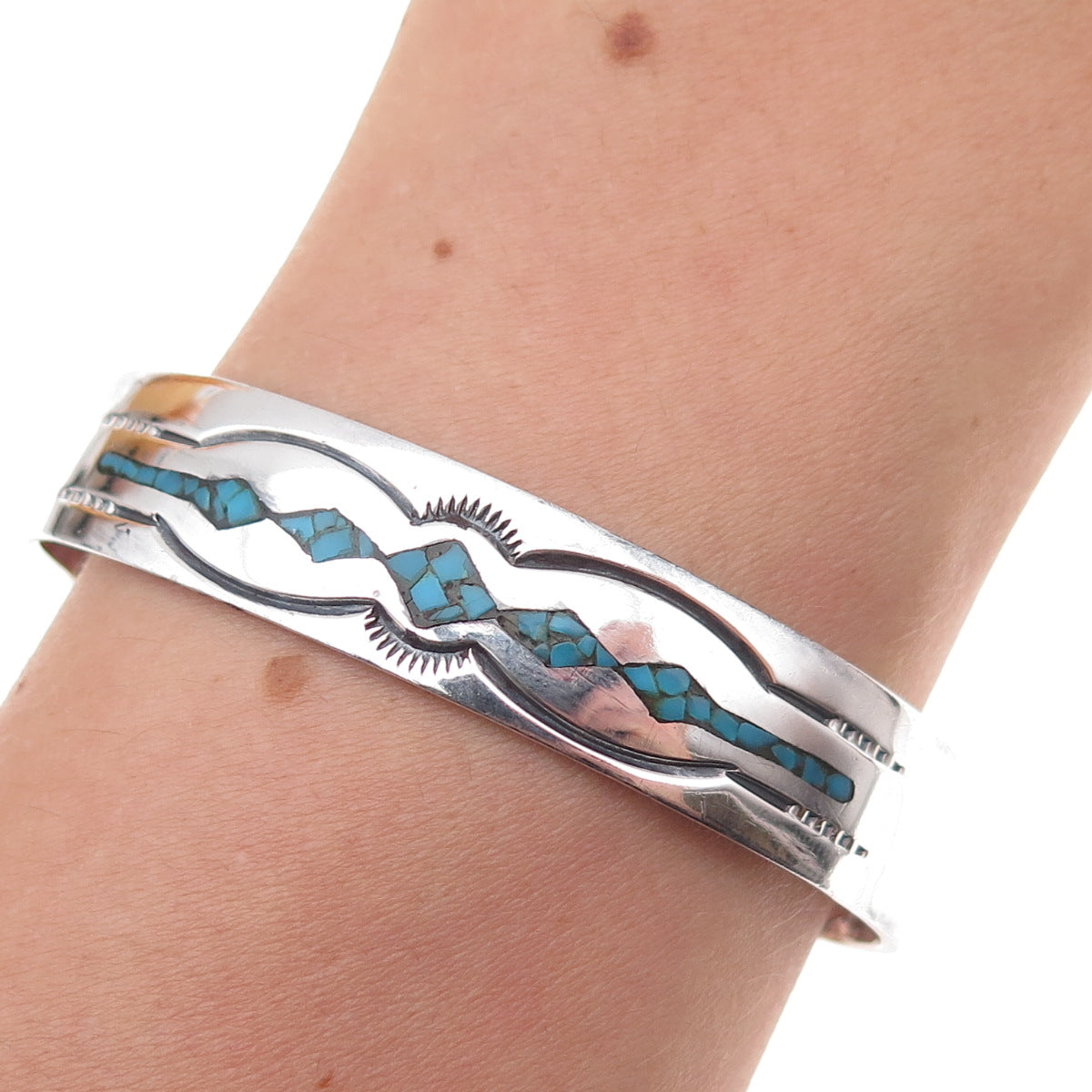 Old Pawn 925 Sterling Silver Vintage Turquoise Inlay Adjustable Bracelet 6"