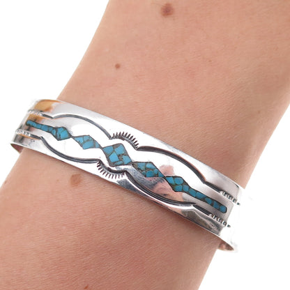Old Pawn 925 Sterling Silver Vintage Turquoise Inlay Adjustable Bracelet 6"