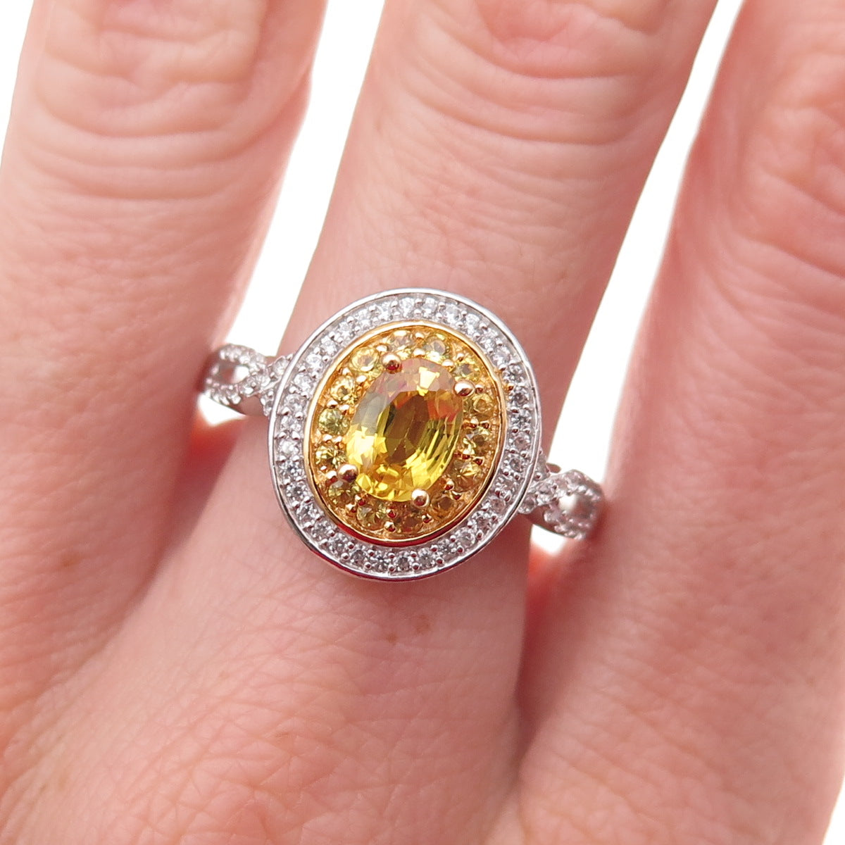 D'Joy 925 Sterling Silver 2-Tone Real Yellow Sapphire & White Topaz Ring Size 10
