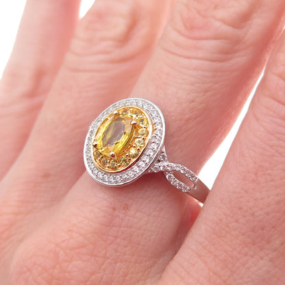 D'Joy 925 Sterling Silver 2-Tone Real Yellow Sapphire & White Topaz Ring Size 10