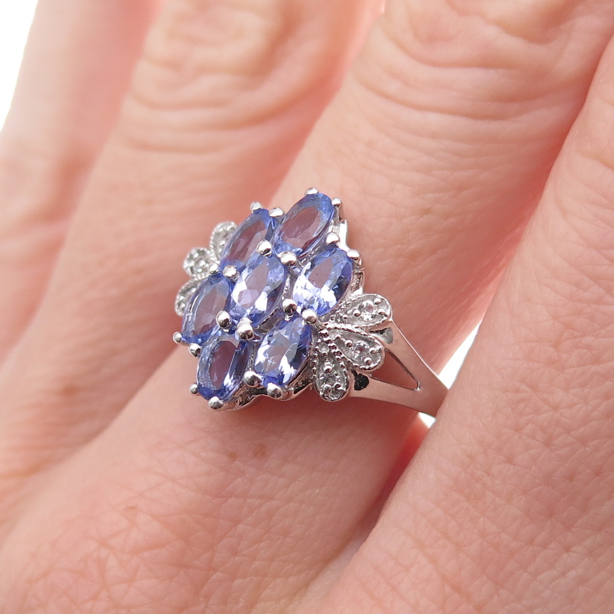 925 Sterling Silver Real Tanzanite & White Topaz Ring Size 8