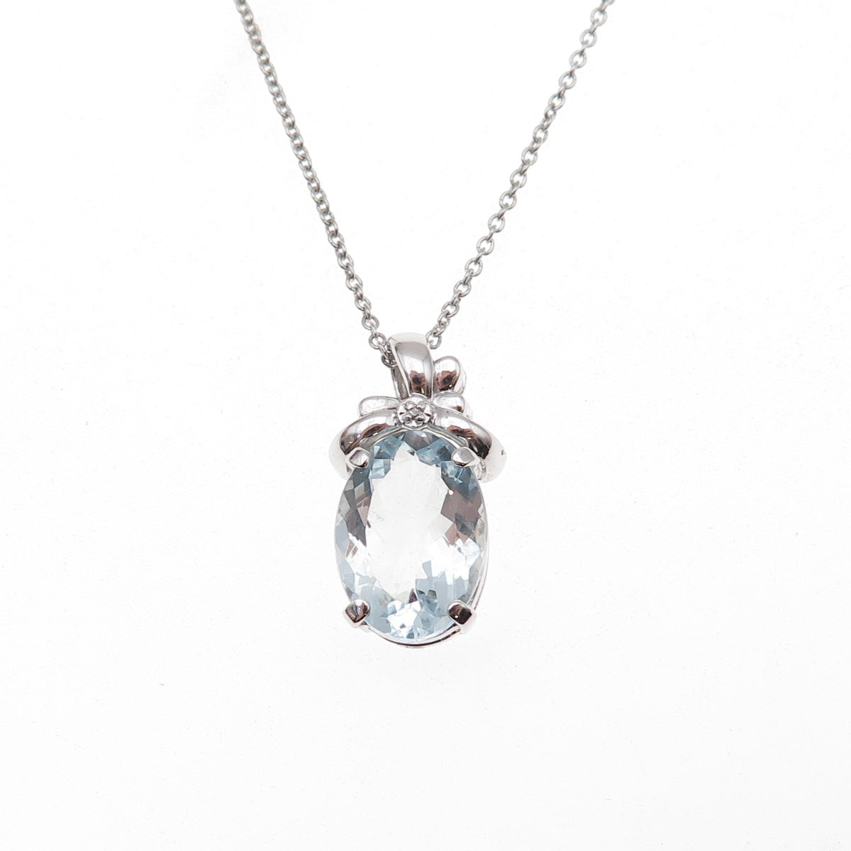 925 Sterling Silver Mexico Real Diamond Accent & Aquamarine Bow Necklace 18"