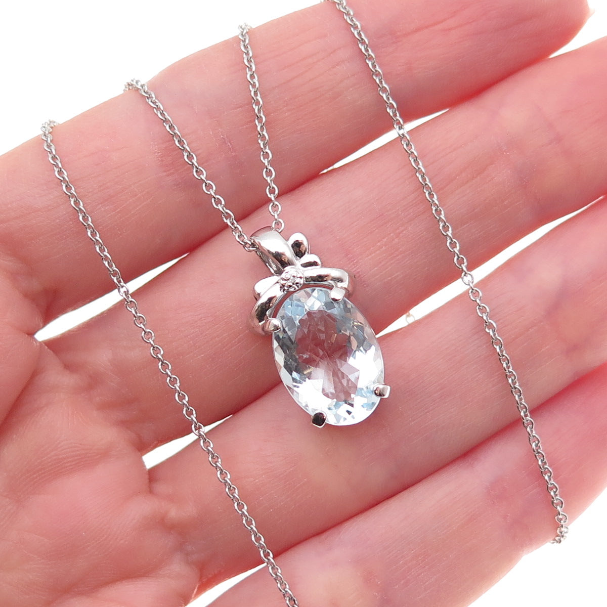 925 Sterling Silver Mexico Real Diamond Accent & Aquamarine Bow Necklace 18"