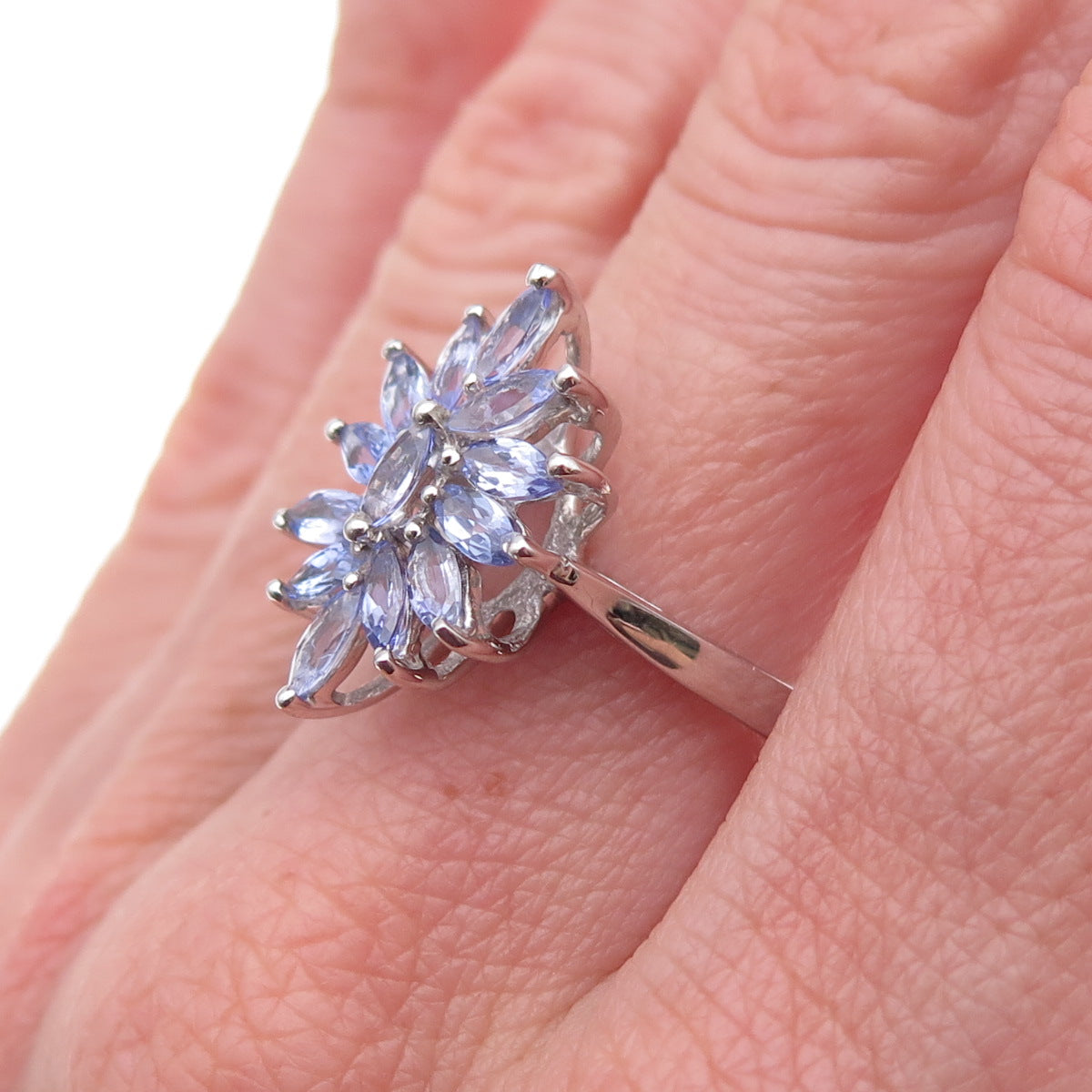 925 Sterling Silver Real Marquise-Cut Tanzanite Floral Ring Size 8