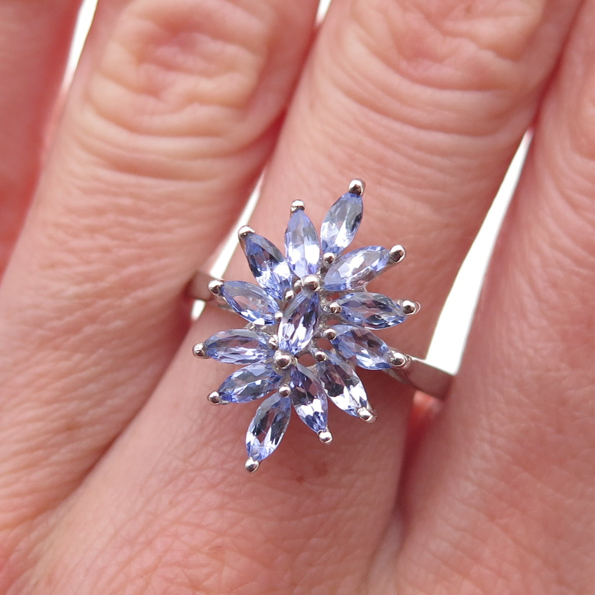 925 Sterling Silver Real Marquise-Cut Tanzanite Floral Ring Size 8