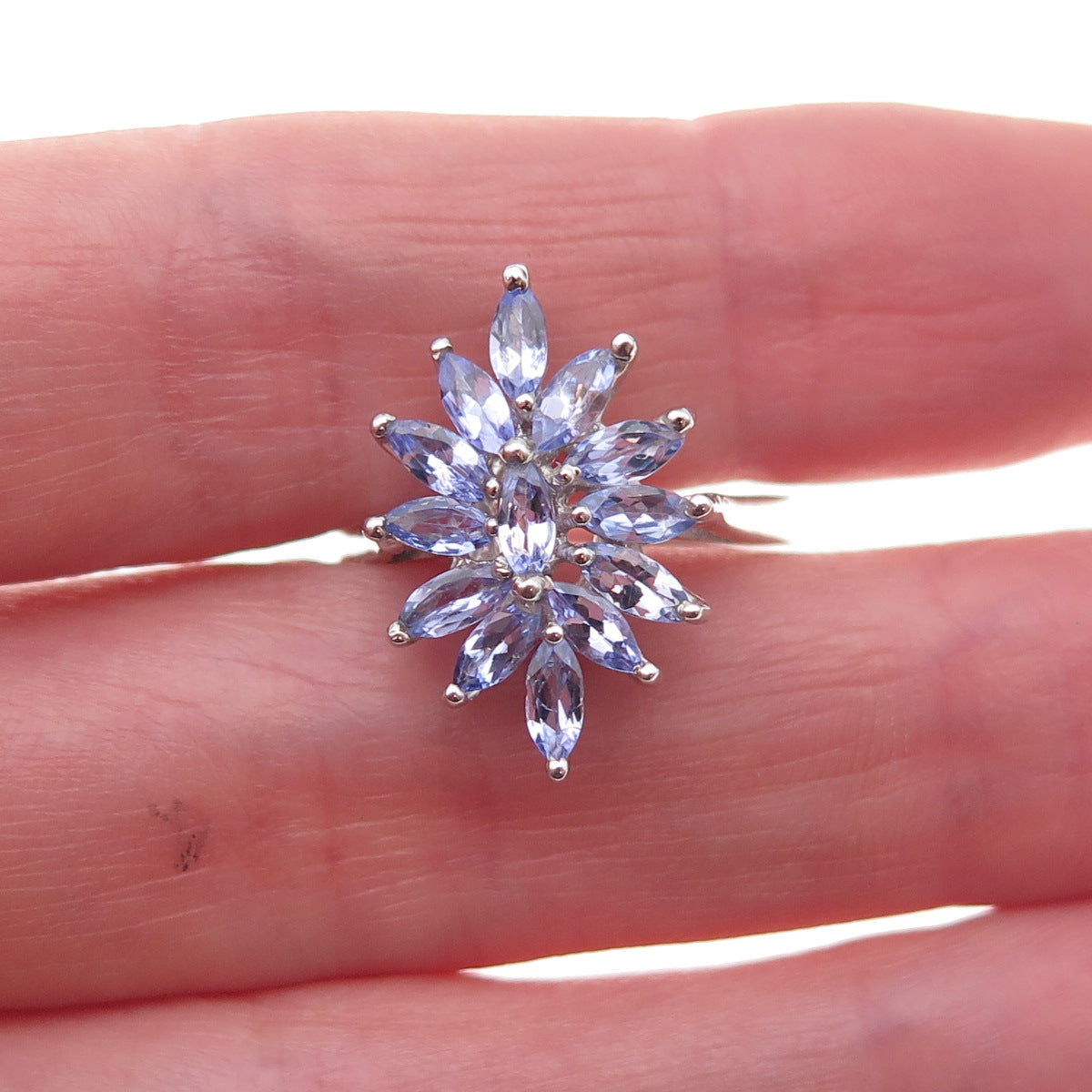 925 Sterling Silver Real Marquise-Cut Tanzanite Floral Ring Size 8