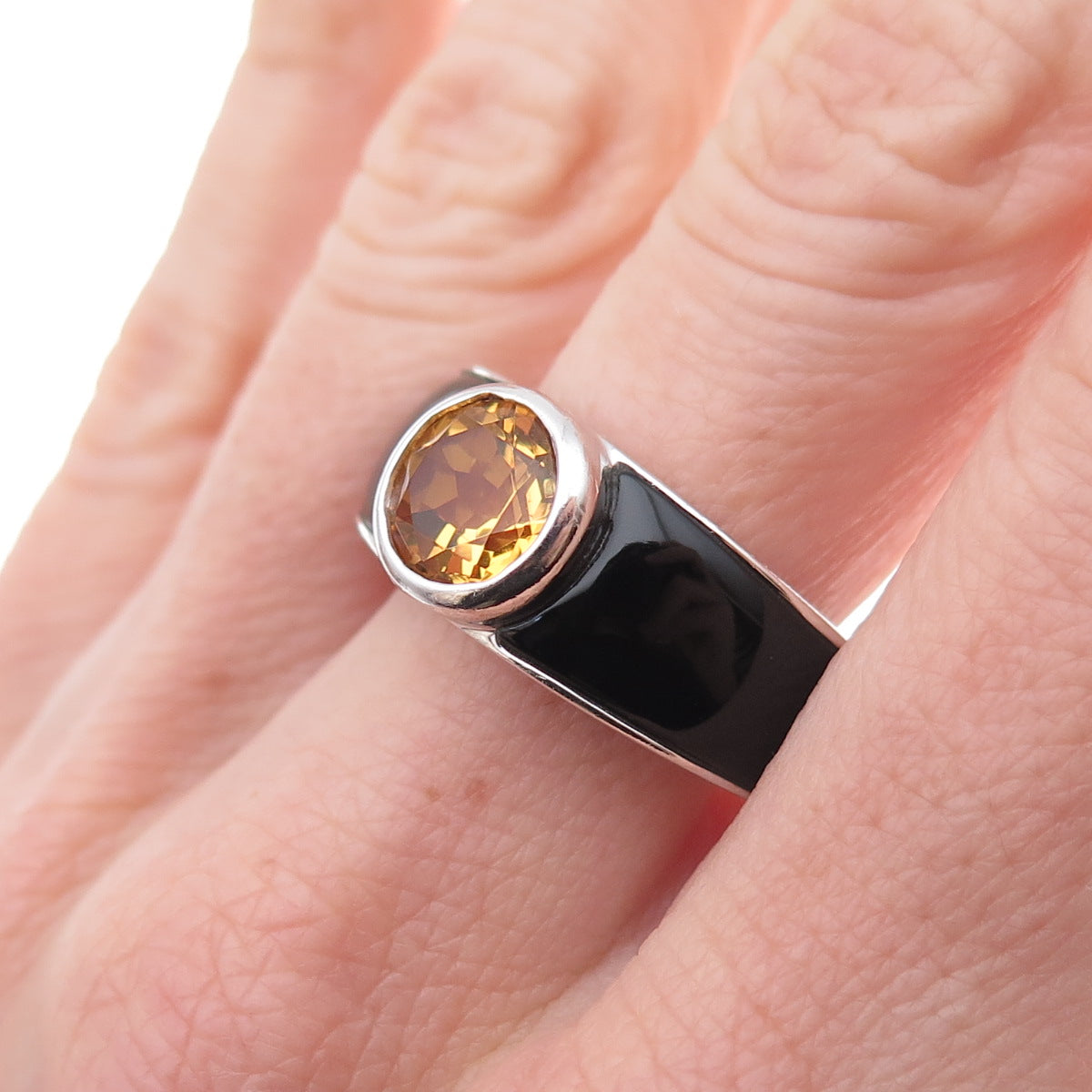 925 Sterling Silver Vintage Real Citrine & Black Onyx Ring Size 10.25