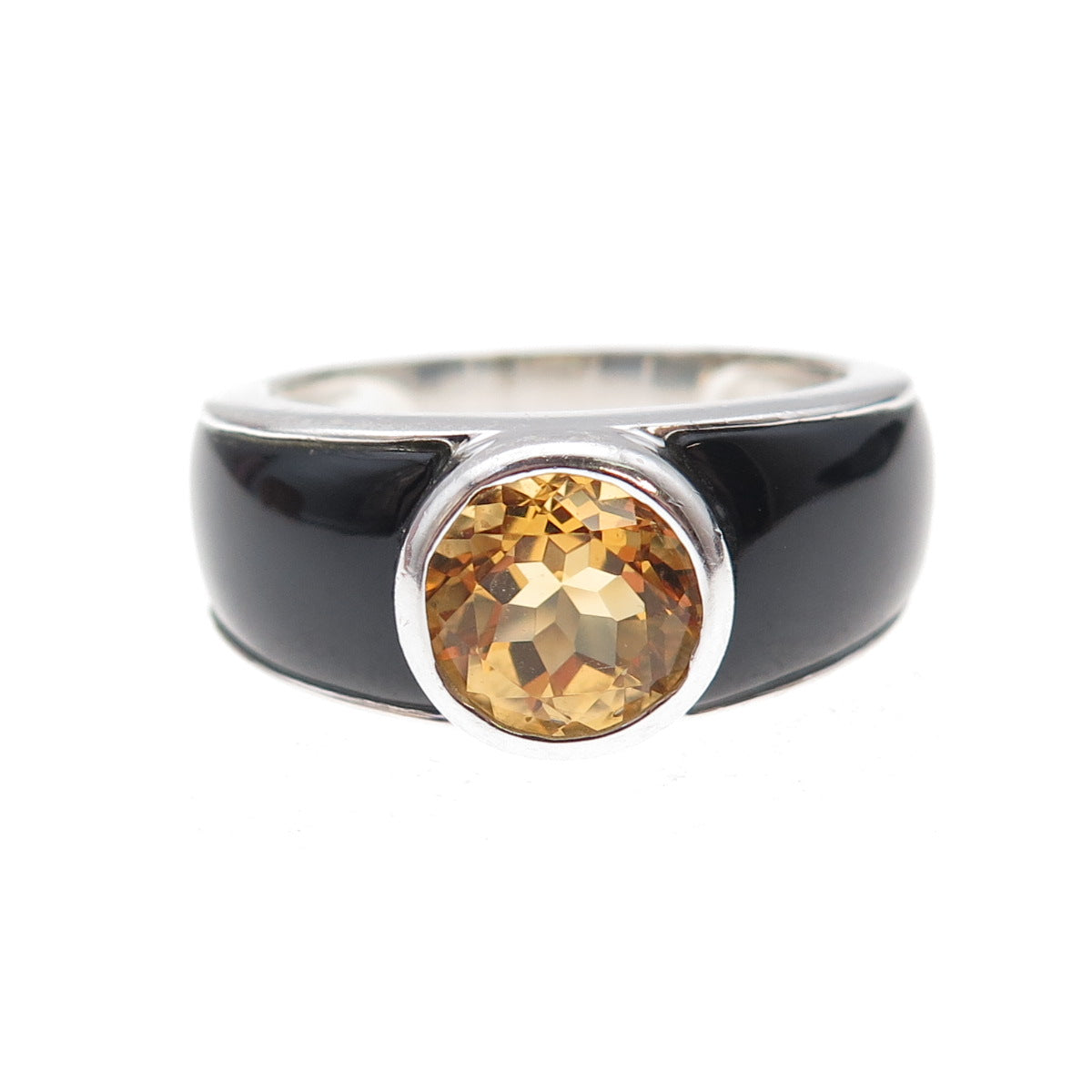 925 Sterling Silver Vintage Real Citrine & Black Onyx Ring Size 10.25