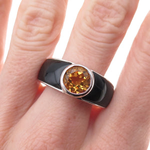 925 Sterling Silver Vintage Real Citrine & Black Onyx Ring Size 10.25