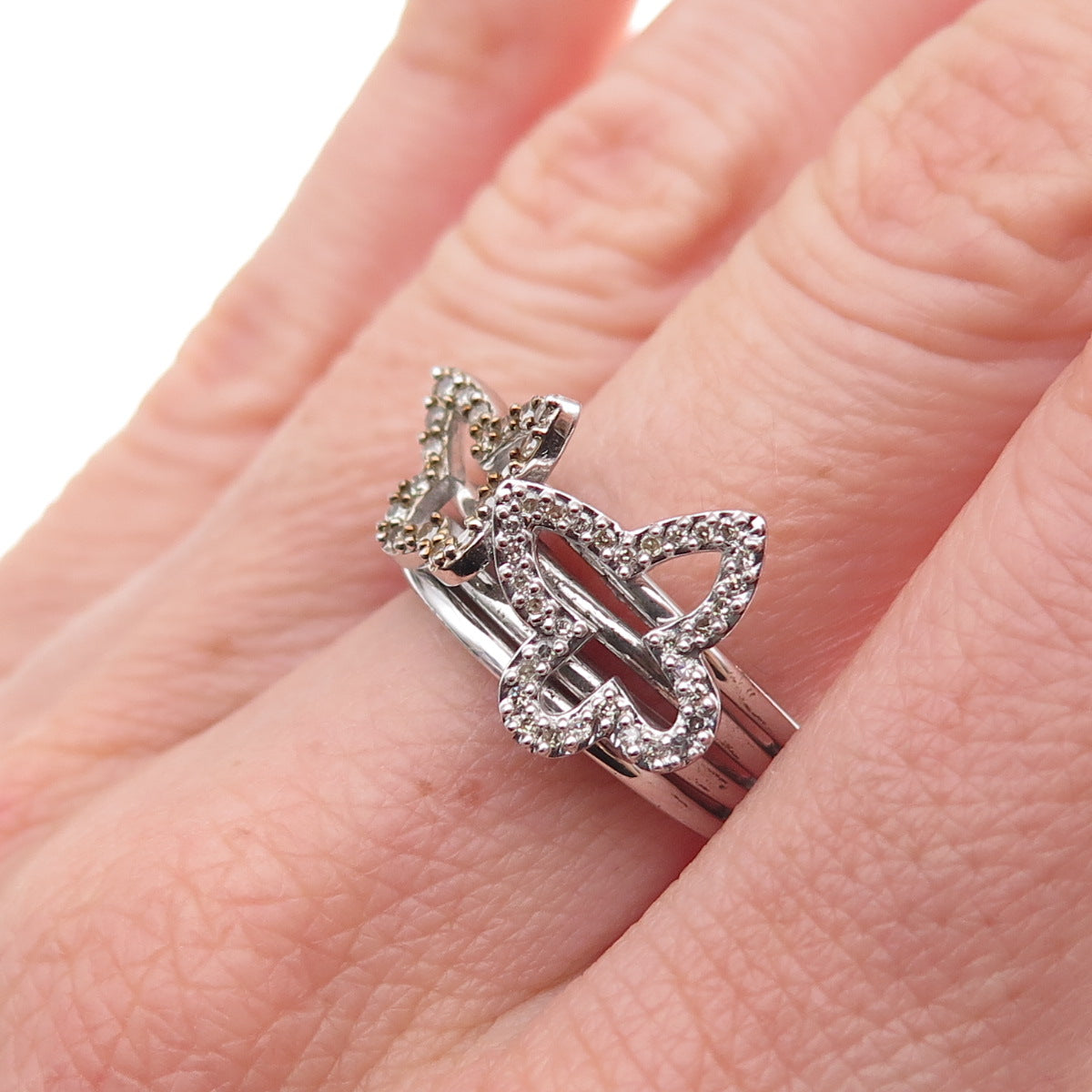 925 Sterling Silver Mexico Real Round-Cut Diamond Butterfly Ring Size 7