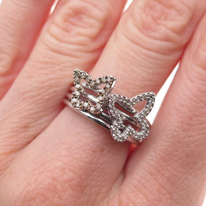 925 Sterling Silver Mexico Real Round-Cut Diamond Butterfly Ring Size 7