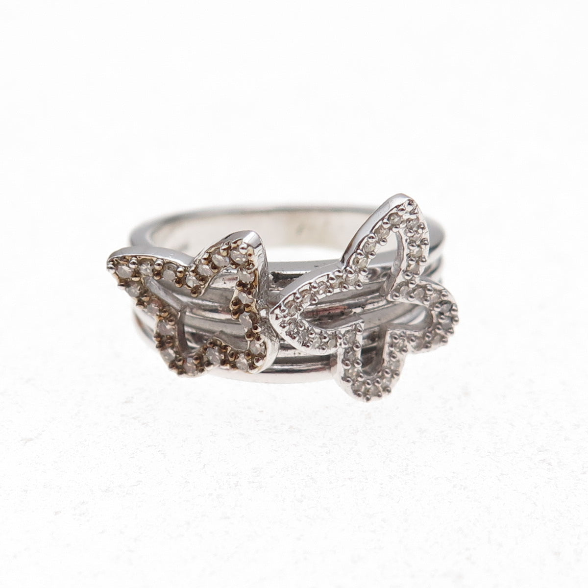 925 Sterling Silver Mexico Real Round-Cut Diamond Butterfly Ring Size 7