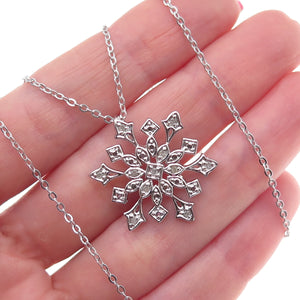 925 Sterling Silver Real Round-Cut Diamond Snowflake Cable Chain Necklace 18"