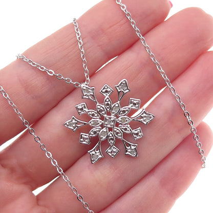 925 Sterling Silver Real Round-Cut Diamond Snowflake Cable Chain Necklace 18"