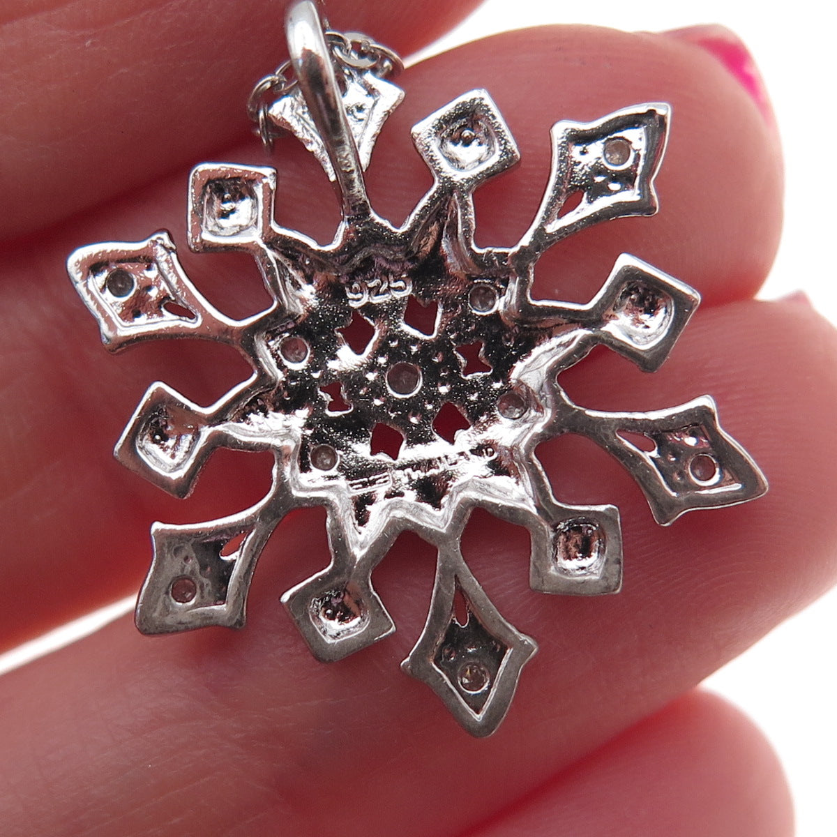 925 Sterling Silver Real Round-Cut Diamond Snowflake Cable Chain Necklace 18"