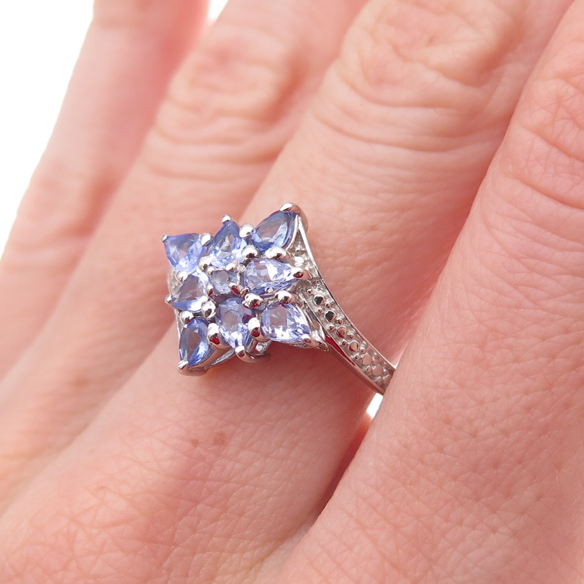 Chuck Clemency 925 Sterling Silver Real Tanzanite Floral Bypass Ring Size 8.25