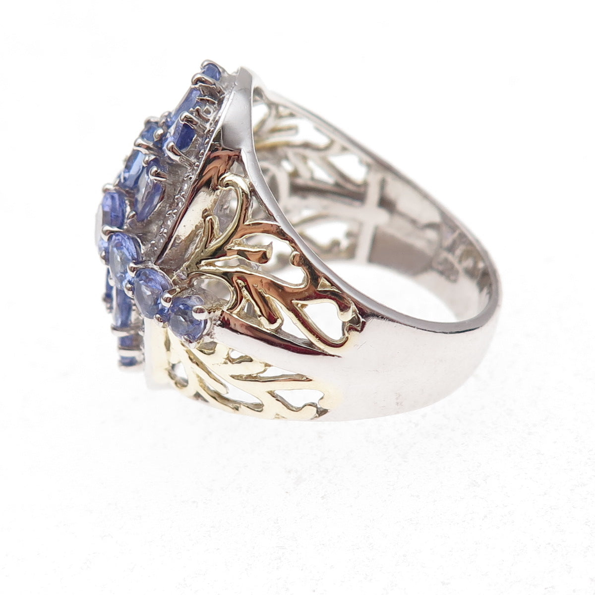 Chuck Clemency Sterling Silver 2-Tone Real Tanzanite & White Topaz Ring Size 8.5