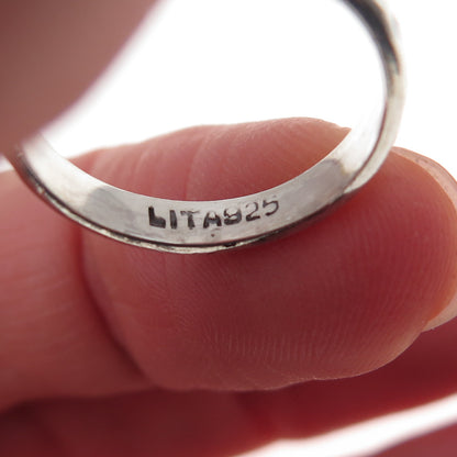 Lita 925 Sterling Silver Vintage Sea Glass Hammered Oxidized Ring Size 6